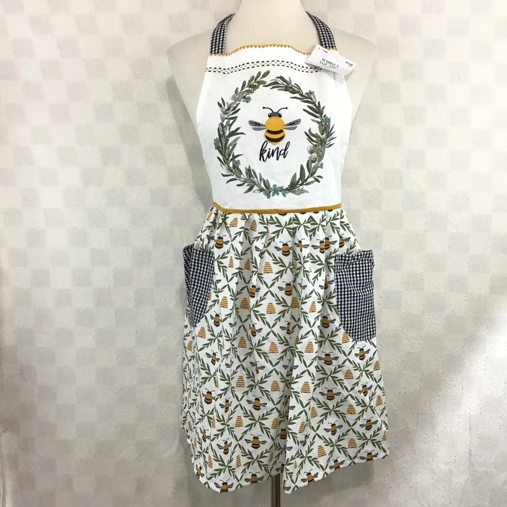Market Square Bee‎ Kind Embroidered Apron Honeybee Gingham Pockets White Yellow